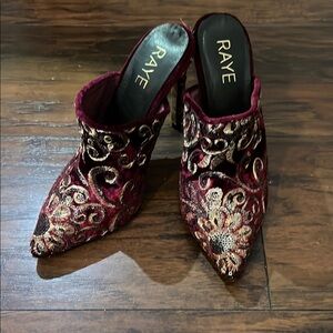 RAYE Red and Gold Embroidered Heels